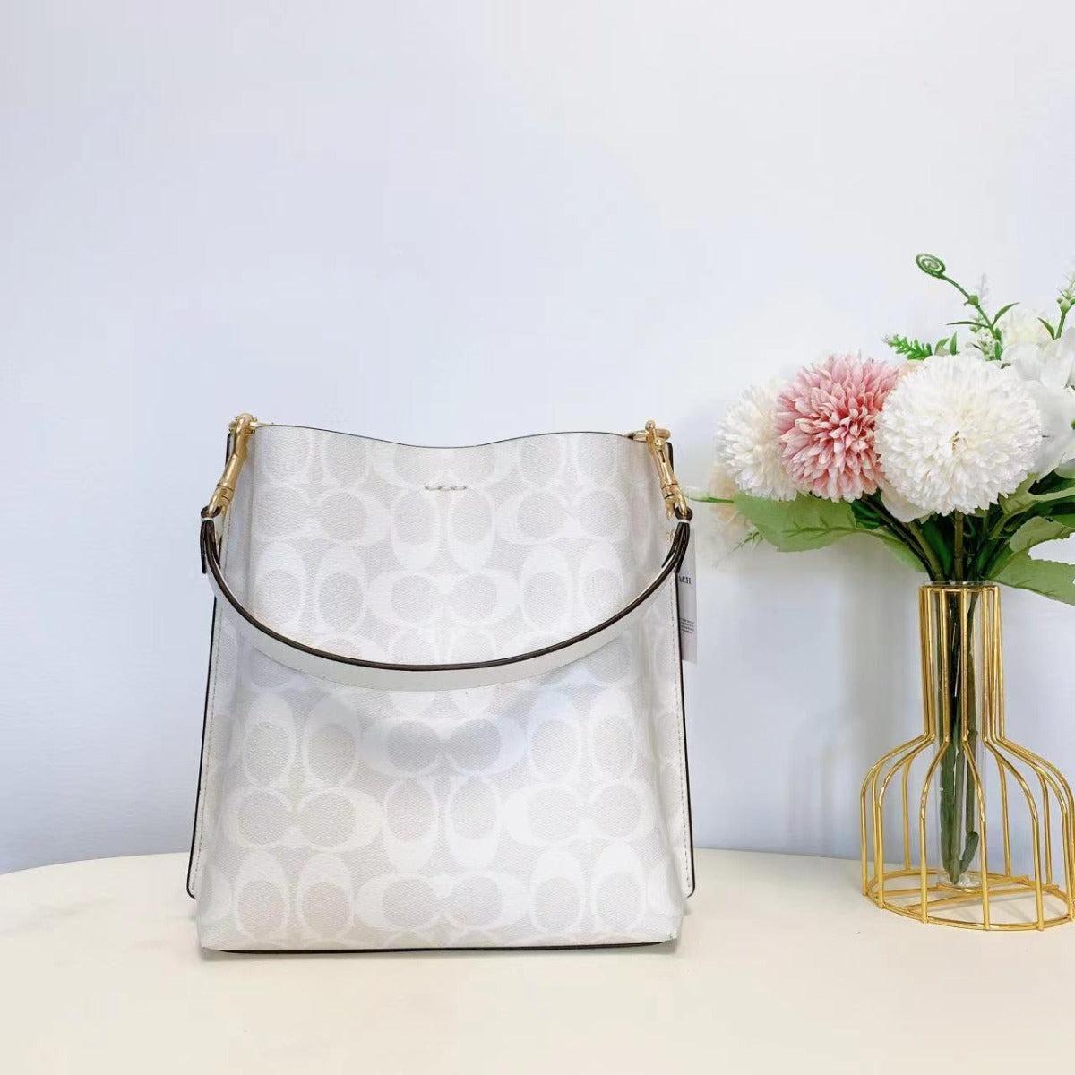 Coach CA582 Mollie Bucket Bag 22 In Signature Canvas In Gold/Chalk/Glacierwhite Coach CA582 Mollie Bucket Bag 22 In Signature Canvas In Gold/Chalk/Glacierwhite
